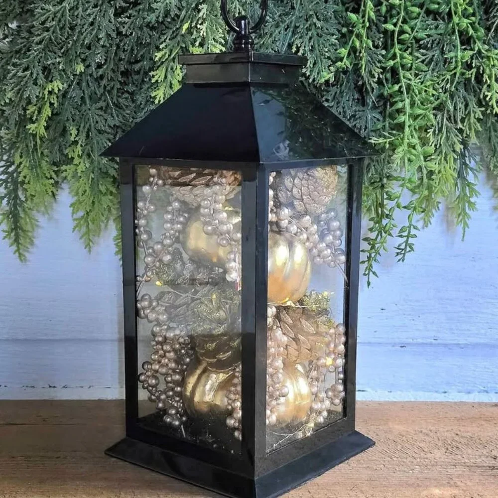 Light Up Gold Champagne Pumkin Berry Pinecone Fall Harvest Black Plastic Lantern